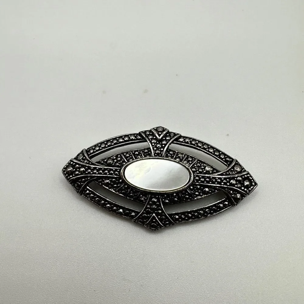 Avon Victorian Elegance Brooch Pin, 1987, Mother of Pearl Faux Marcasite Revival